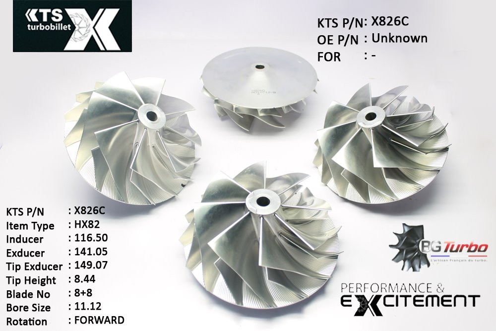 Turbo ROUE FORGÉE MFS PERFORMANCE - 8+8 PALES - INDUCER : 116,5 - EXDUCER : 141,05 - TYPE : HX82ANGLE : 60° - ROTATION : Forward - SUPER BACK : 10,05 - BORE SIZE : 11,12
